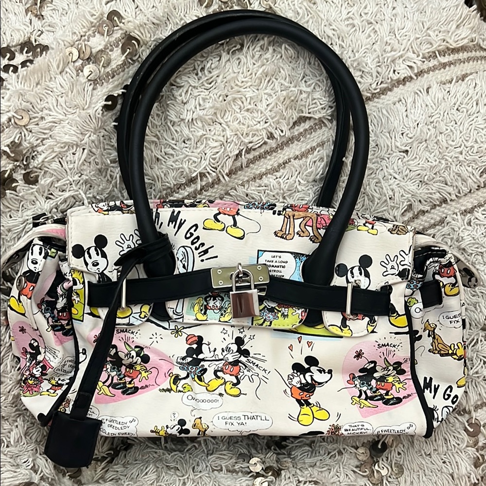 Disney White and Black Comic Bag with Mickey Mouse Design and padlock